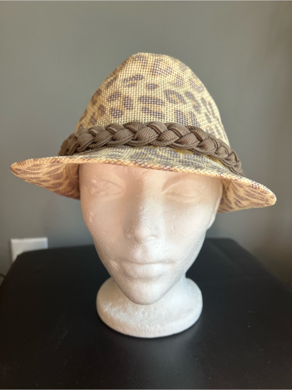 Aldo Tan Straw Leopard Print Fedora Style Hat